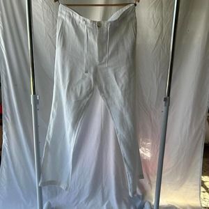 Perry Ellis White Linen Button Front Mid-Rise Straight Leg Drawstring Pants 32